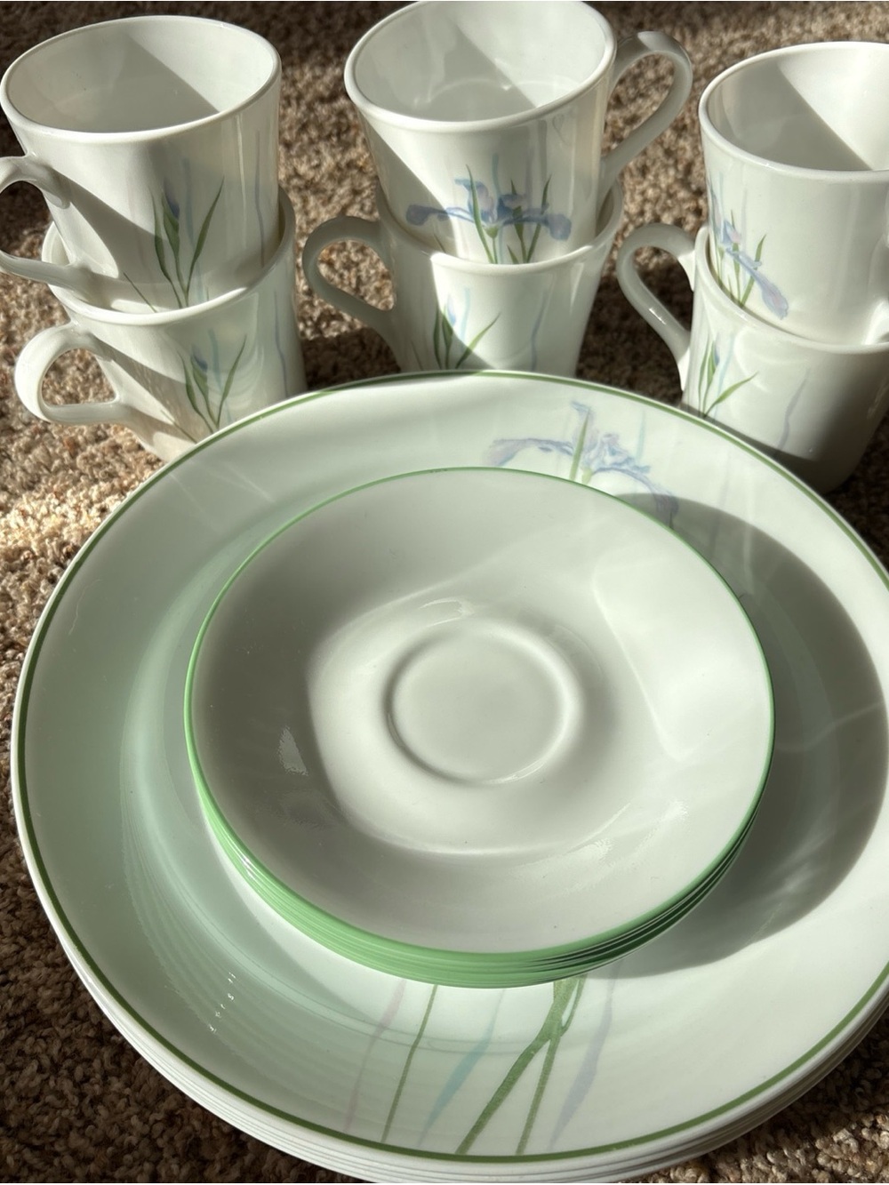 Corningware White Dinnerware Set with Green Trim and Blue Floral Accents